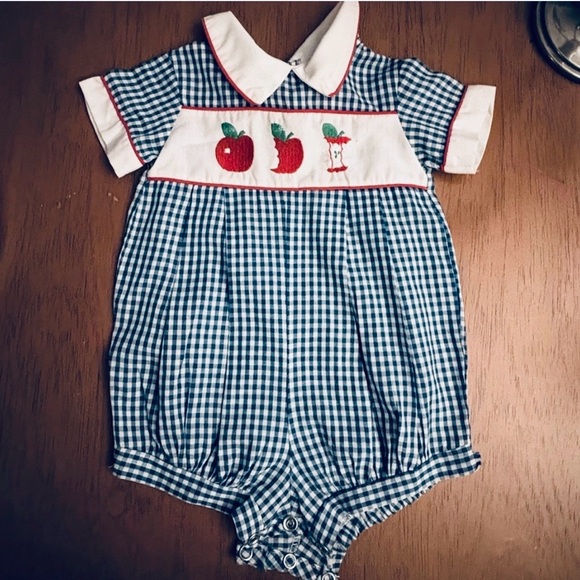 Vintage Other - Vintage Alexis Blue Gingham Baby Romper with Apple Embroidery Romper Size 3-6 M